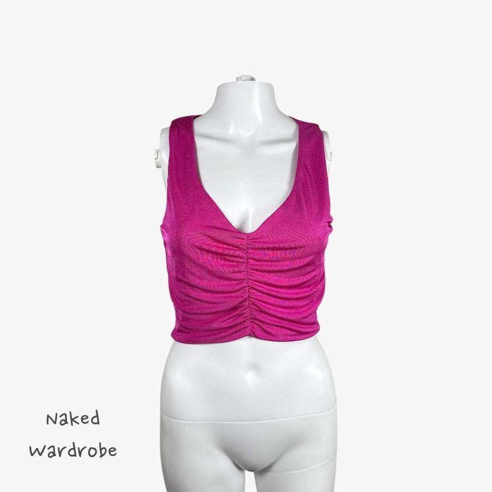 Naked Wardrobe Women's Shirred Crop Top Plunge Neck in Pink Orchid Size L Glam